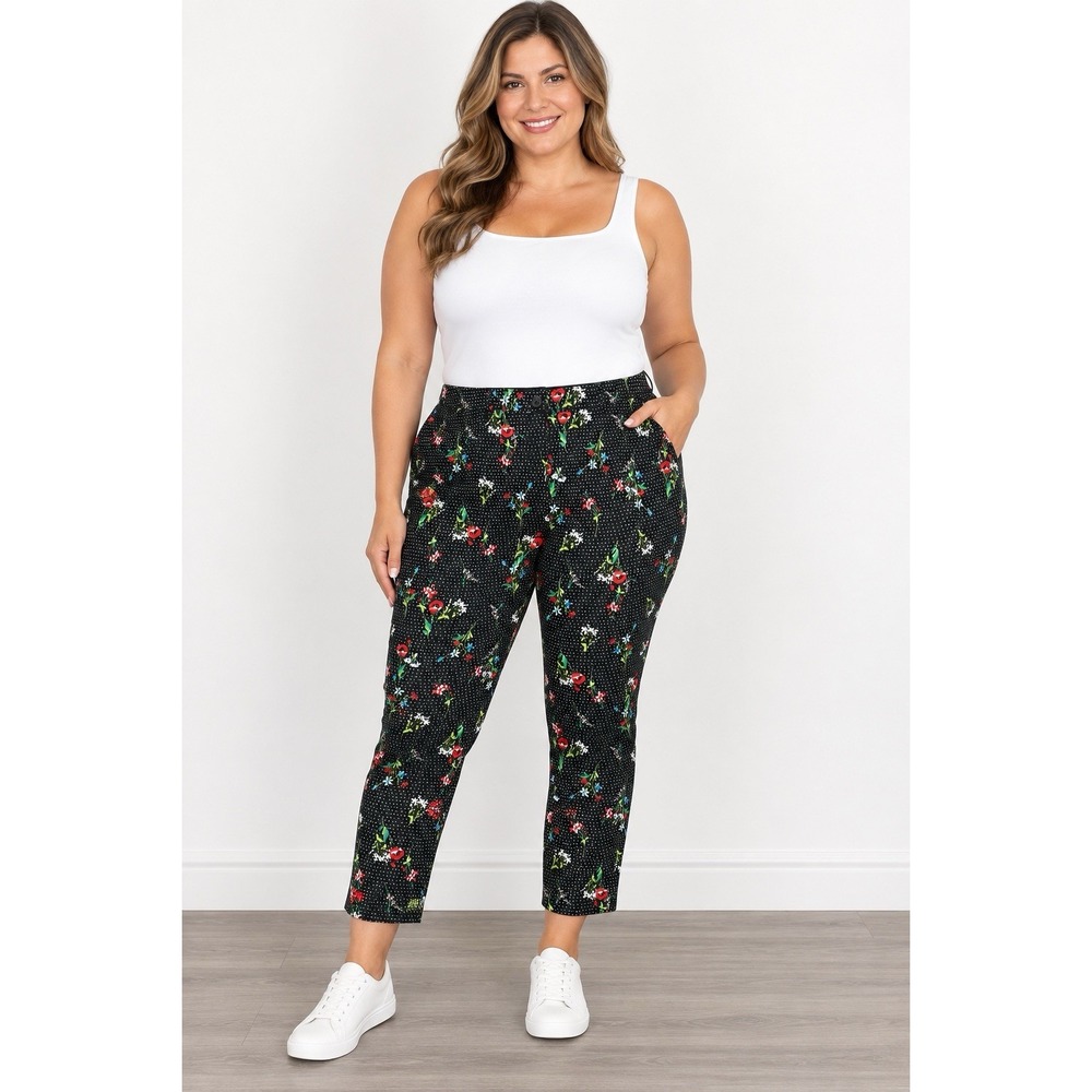 Avon Womens Size 16 Black Floral Polka Dot Slim Ankle Pants Stretch Cotton